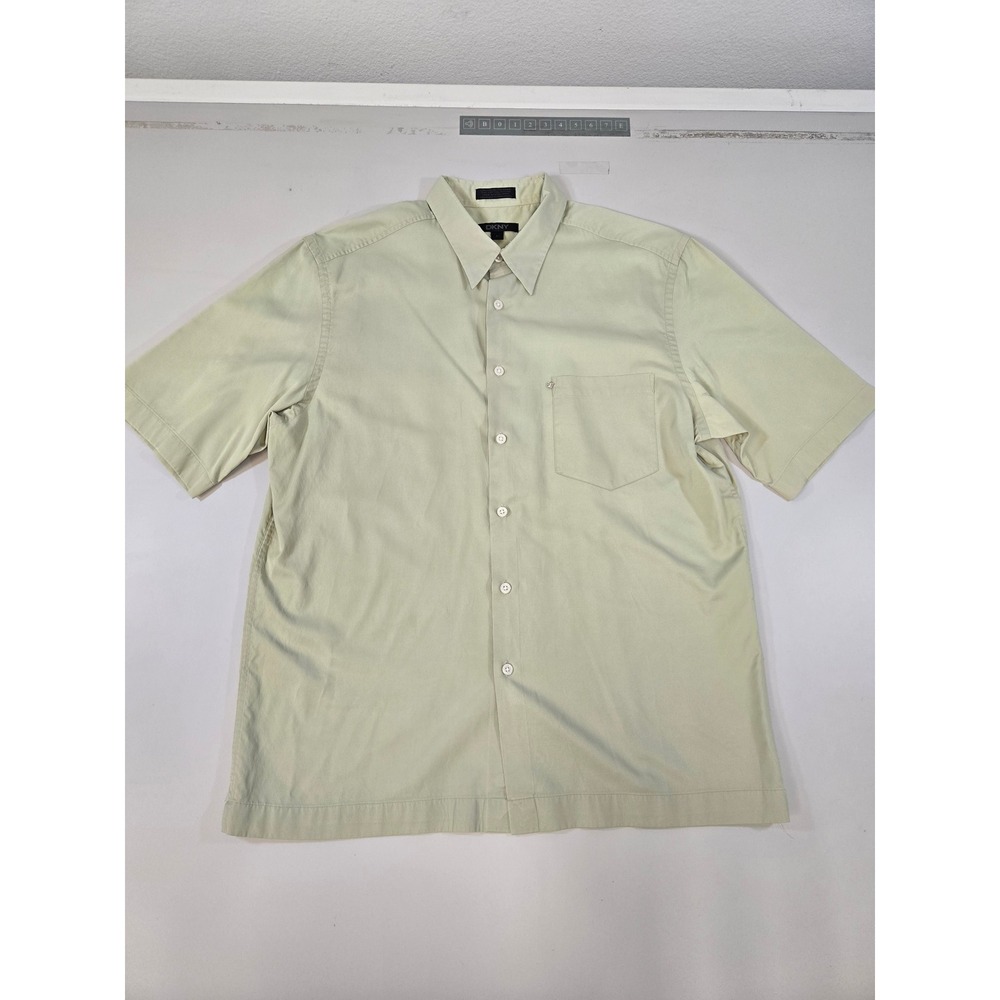DKNY Mens Sage Green Shortโ Sleeve Button Down Shirt Cotton Nylon Blend Large